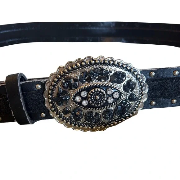 Western Vamp Black Studded‎ Oval Rhinestone Buckle Boho Belt - Picture 2 of 4